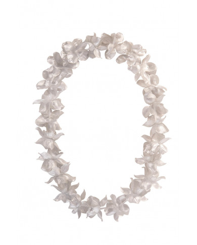 Hawaii necklace made up of many silver metallic flowers in