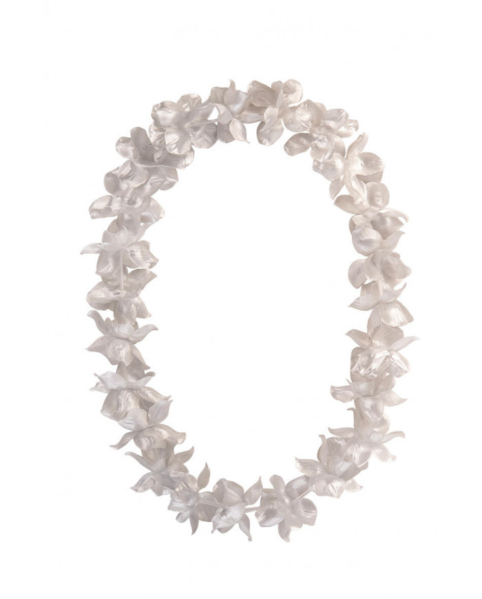 Hawaii necklace made up of many silver metallic flowers in
