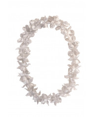 Hawaii necklace made up of many silver metallic flowers in