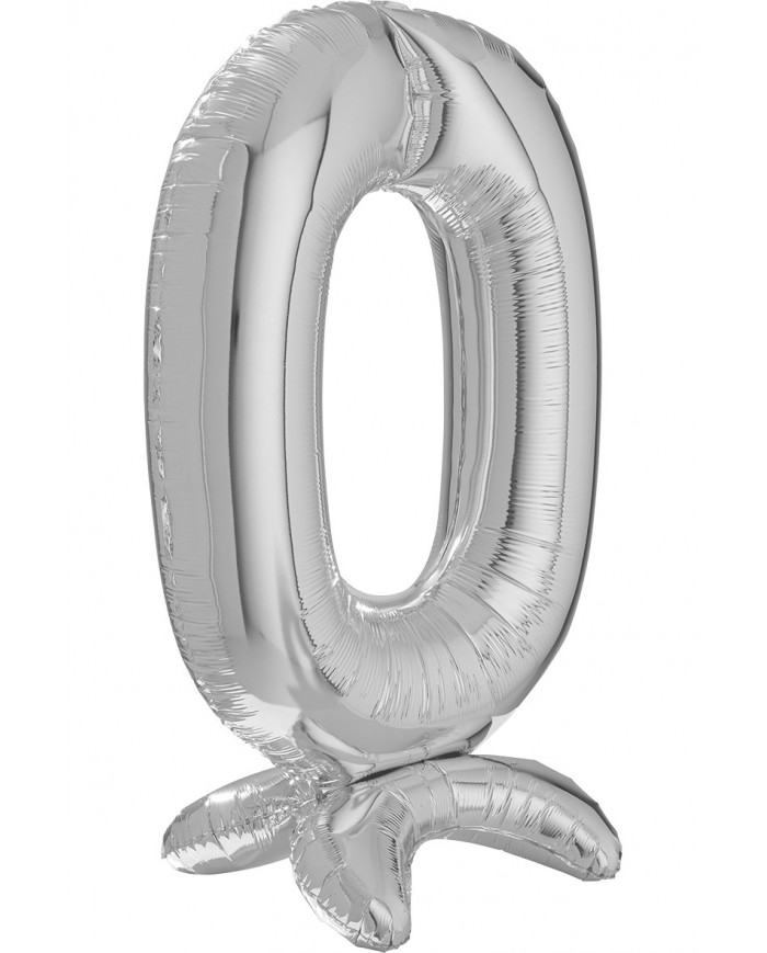 Silver foil balloon in the shape of number 0 with pedestal
