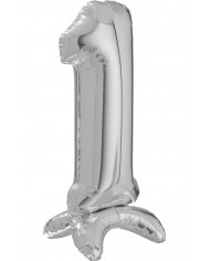 Silver foil balloon in the shape of number 1 with pedestal