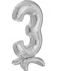 Silver foil balloon in the shape of number 3 with pedestal