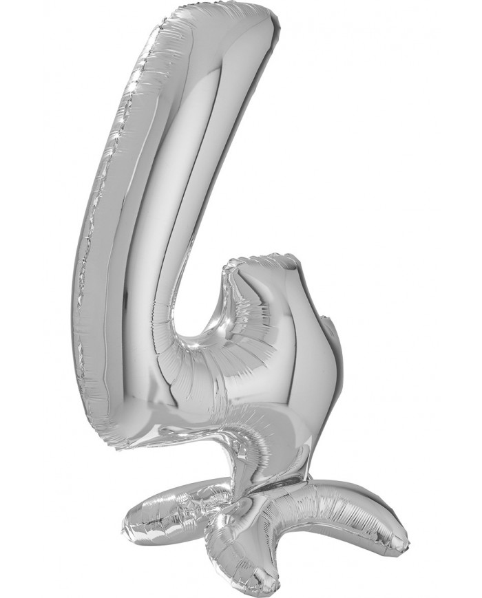 Silver foil balloon in the shape of number 4 with pedestal
