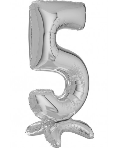 Silver foil balloon in the shape of a number 5 with pedestal