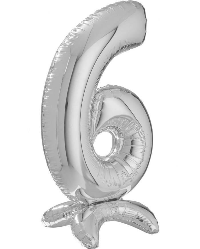 Silver foil balloon in the shape of number 6 with pedestal