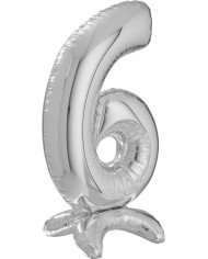 Silver foil balloon in the shape of number 6 with pedestal