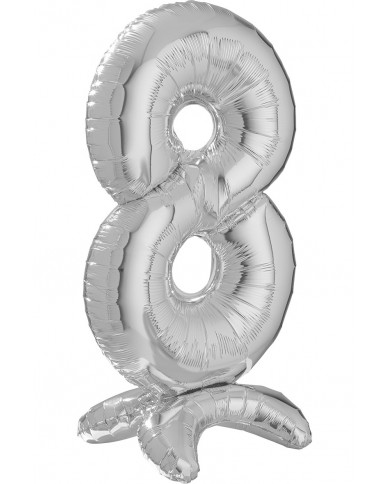 Silver foil balloon in the shape of a number 8 with pedestal