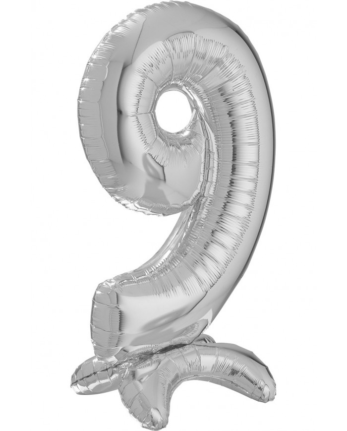 Silver foil balloon in the shape of number 9 with pedestal