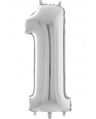 Silver foil balloon in the shape of a number 1, height cm.66