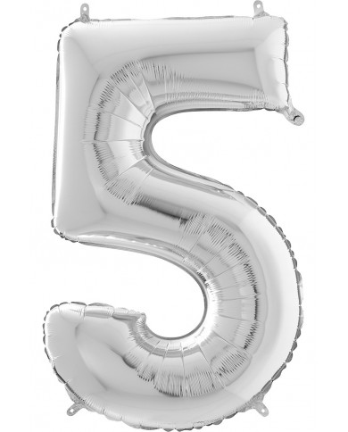 Silver foil balloon in the shape of number 5, height cm.66 Silver foil balloon in the shape of number 5, height cm.66