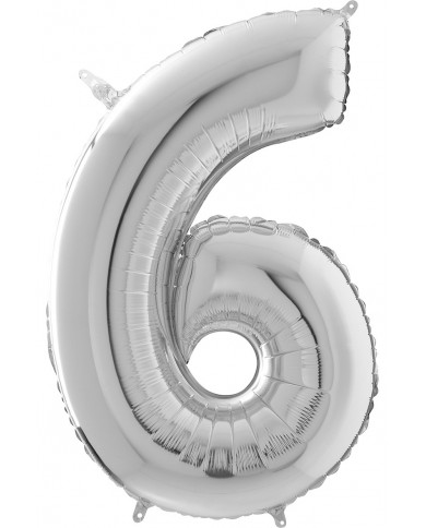 Silver foil balloon in the shape of the number 6, height cm.66