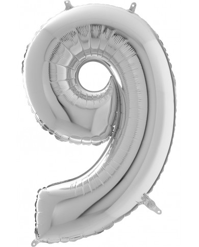 Silver foil balloon in the shape of the number 9, height cm.66