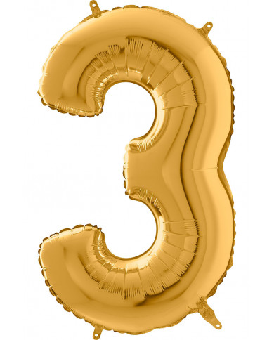 Gold foil balloon in the shape of a number 3, height cm.66 Gold foil balloon in the shape of a number 3, height cm.66