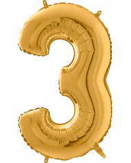 Gold foil balloon in the shape of a number 3, height cm.66