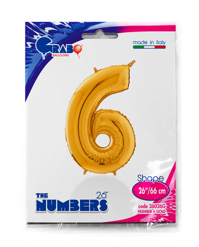 Gold foil balloon in the shape of a number 6, height cm.66 Gold foil balloon in the shape of a number 6, height cm.66