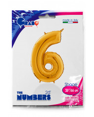 Gold foil balloon in the shape of a number 6, height cm.66