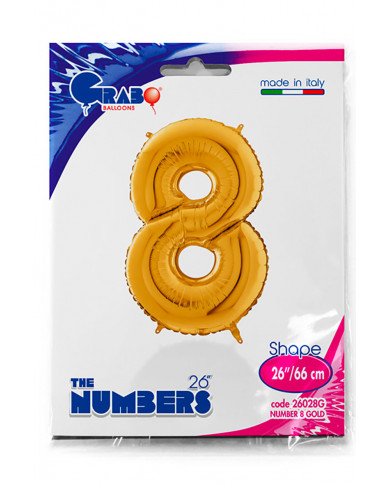 Gold foil balloon in the shape of a number 8, height cm.66 Gold foil balloon in the shape of a number 8, height cm.66