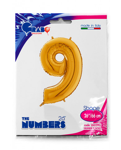 Gold foil balloon in the shape of the number 9, height cm.66