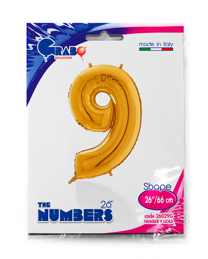 Gold foil balloon in the shape of the number 9, height cm.66