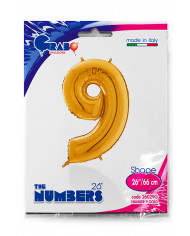 Gold foil balloon in the shape of the number 9, height cm.66