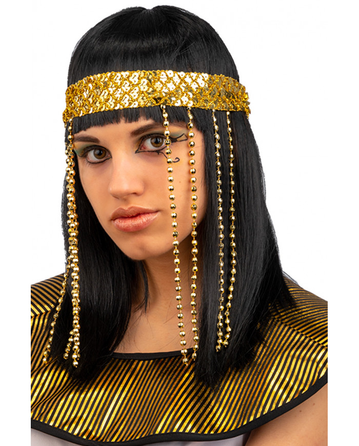 Smooth black wig with fringe and gold diadem, to interpret an