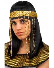 Smooth black wig with fringe and gold diadem, to interpret an