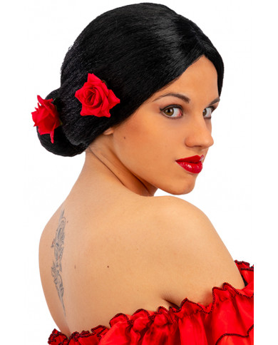 Black Spanish wig knotted in classic flamenco style and Black Spanish wig knotted in classic flamenco style and