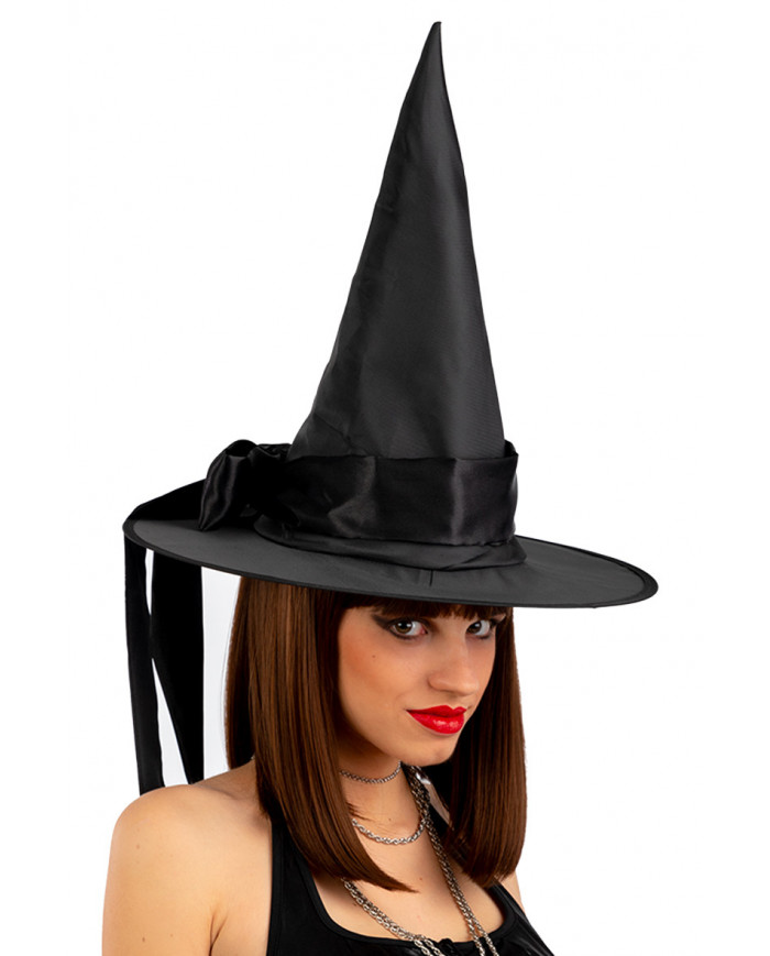 Witch hat in black plasticized fabric with black satin bow