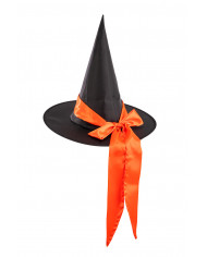 Witch hat in black plasticized fabric with orange satin bow