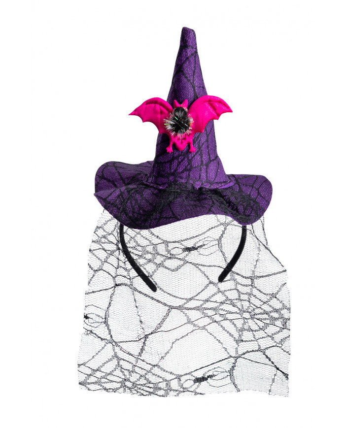 Mini purple witch hat with bat and veil, height cm.16, which