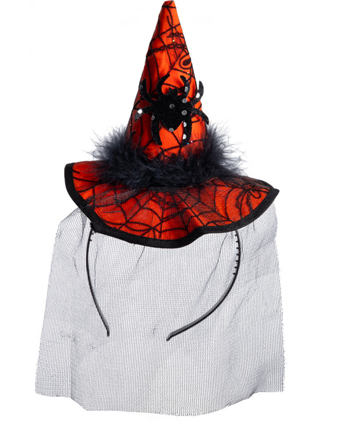 Mini orange witch hat with spider and veil, height cm.14, which Mini orange witch hat with spider and veil, height cm.14, which