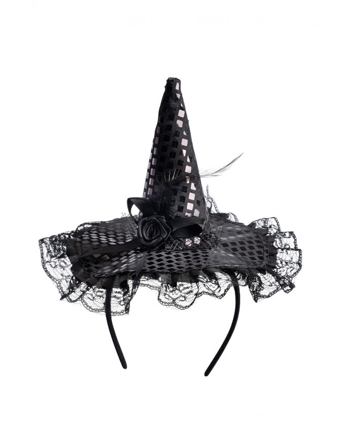 Mini black witch hat in satin with bow, height cm.16, which can