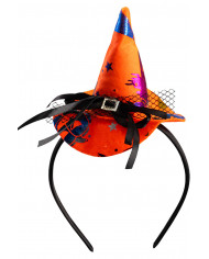 Mini cappello strega arancione con decorazioni multicolor, alto Mini cappello strega arancione con decorazioni multicolor, alto