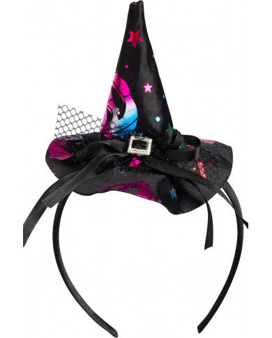 Mini cappello strega nero con decorazioni multicolor, alto cm.9 Mini cappello strega nero con decorazioni multicolor, alto cm.9