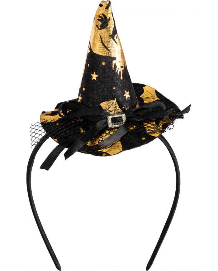 Mini black witch hat with gold decorations, height cm.9, which Mini black witch hat with gold decorations, height cm.9, which