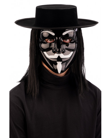 Black plastic mask with white decorations of V, fictional