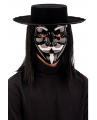 Black plastic mask with white decorations of V, fictional