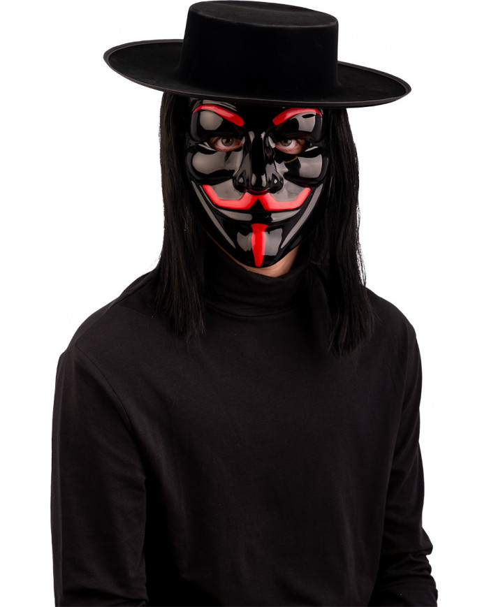 Black plastic mask with red decorations of V, fictional