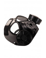 Black plastic gas mask with respirator and glasses, an original
