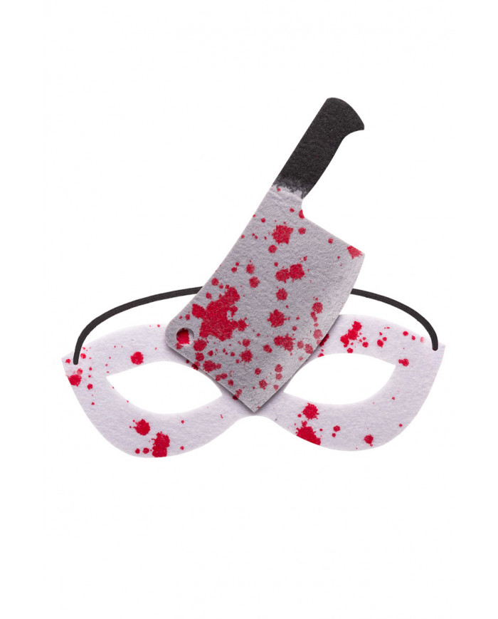White fabric chinless mask with axe and blood stains. Ideal to White fabric chinless mask with axe and blood stains. Ideal to