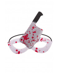 White fabric chinless mask with axe and blood stains. Ideal to White fabric chinless mask with axe and blood stains. Ideal to