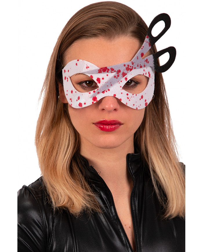 White fabric chinless mask with scissors and blood stains. White fabric chinless mask with scissors and blood stains.