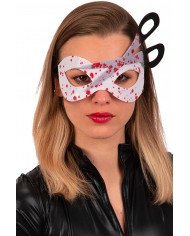 White fabric chinless mask with scissors and blood stains. White fabric chinless mask with scissors and blood stains.