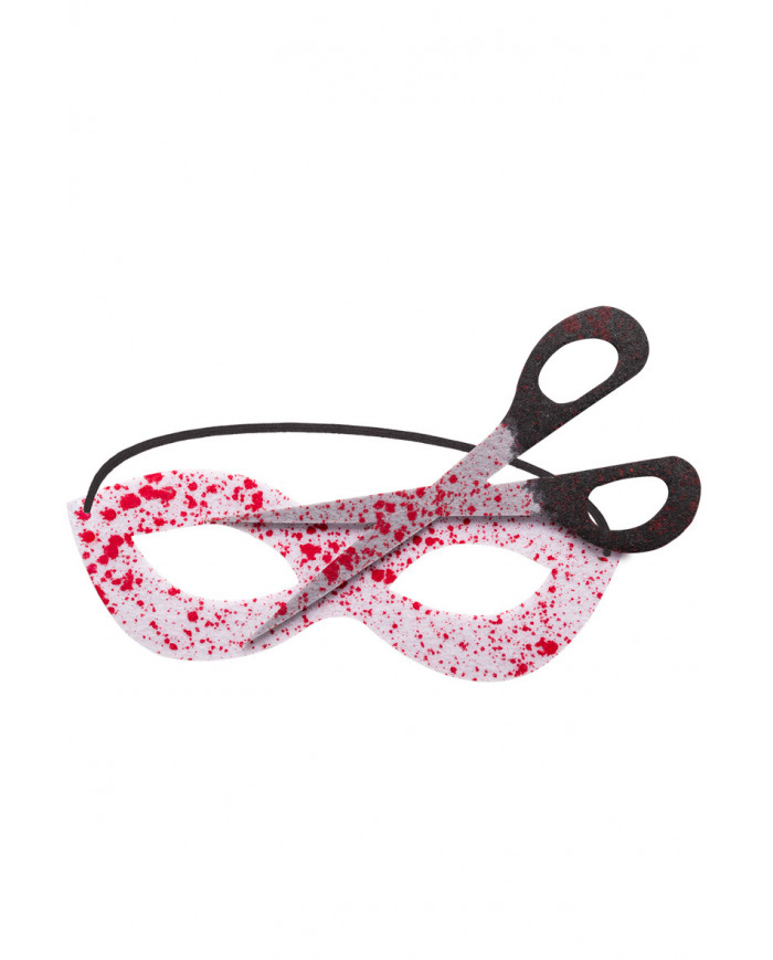 White fabric chinless mask with scissors and blood stains. White fabric chinless mask with scissors and blood stains.