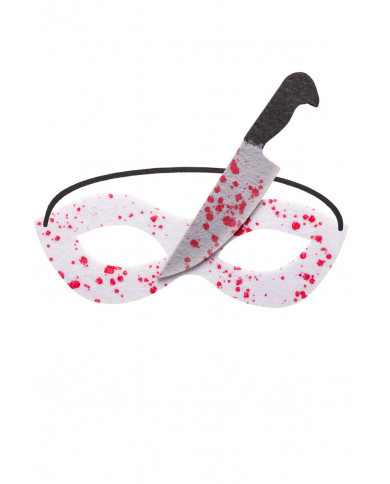 White fabric chinless mask with knife and blood stains. Ideal White fabric chinless mask with knife and blood stains. Ideal
