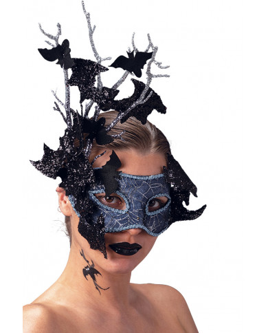Gray chinless mask decorated with black bats and glitter. Gray chinless mask decorated with black bats and glitter.
