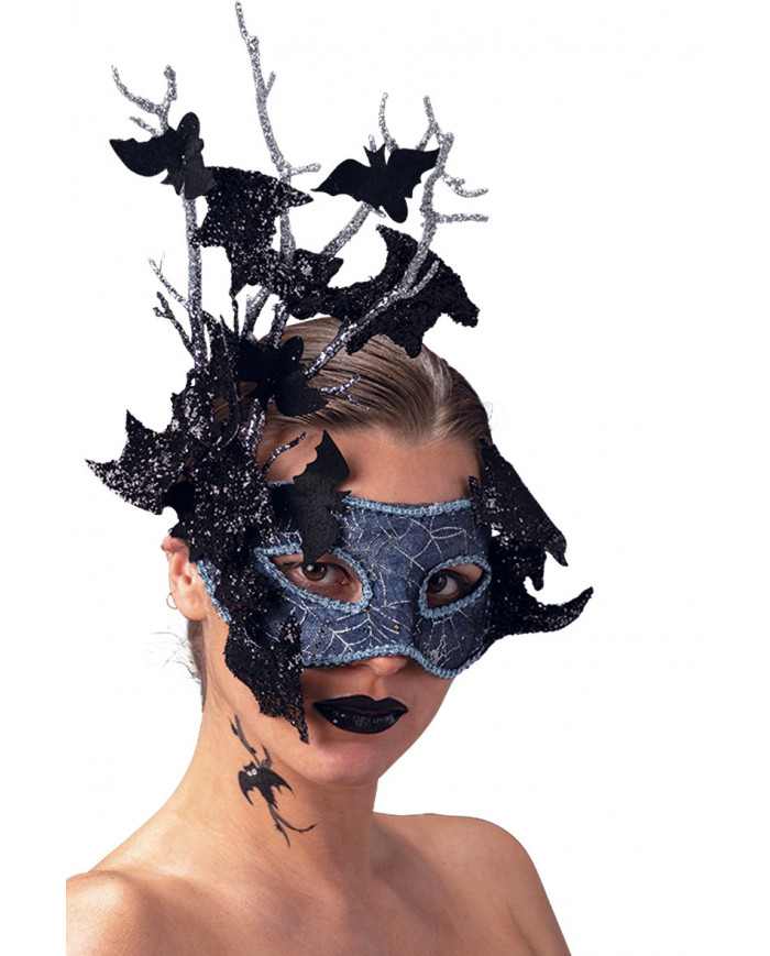 Gray chinless mask decorated with black bats and glitter.