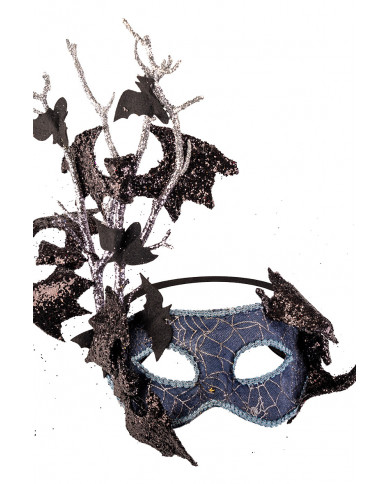 Gray chinless mask decorated with black bats and glitter. Gray chinless mask decorated with black bats and glitter.