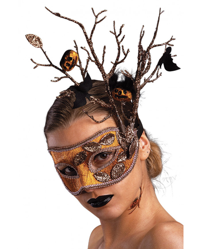 Orange chinless mask decorated with pumpkins, bats and glitter.
