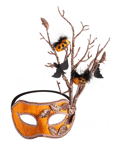 Orange chinless mask decorated with pumpkins, bats and glitter.